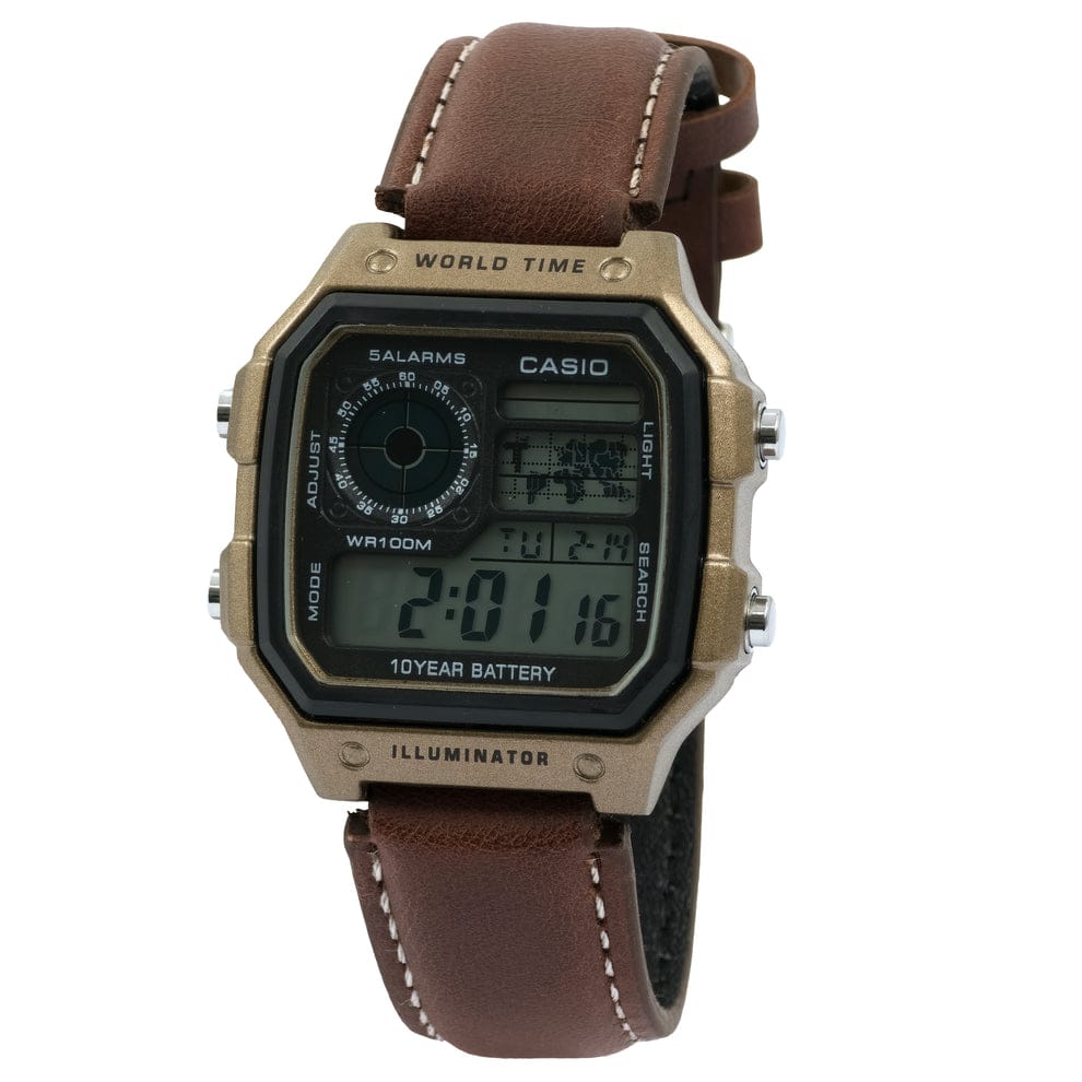 Casio AE-1200WHL-5AVDF World Time Digital Leather Belt Watch M1627